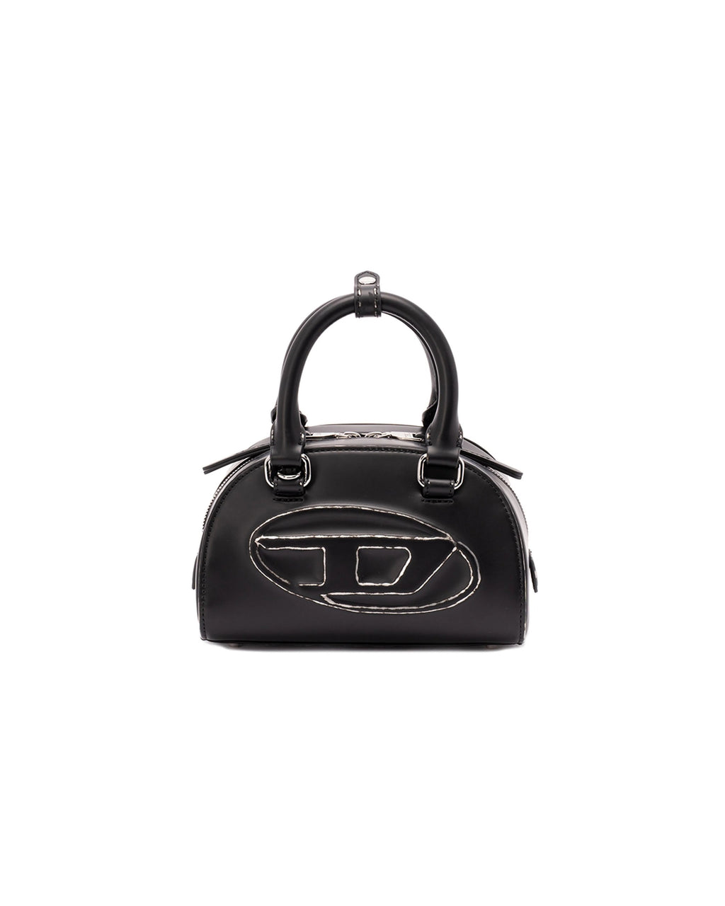 Black handbag with a logo on a white background