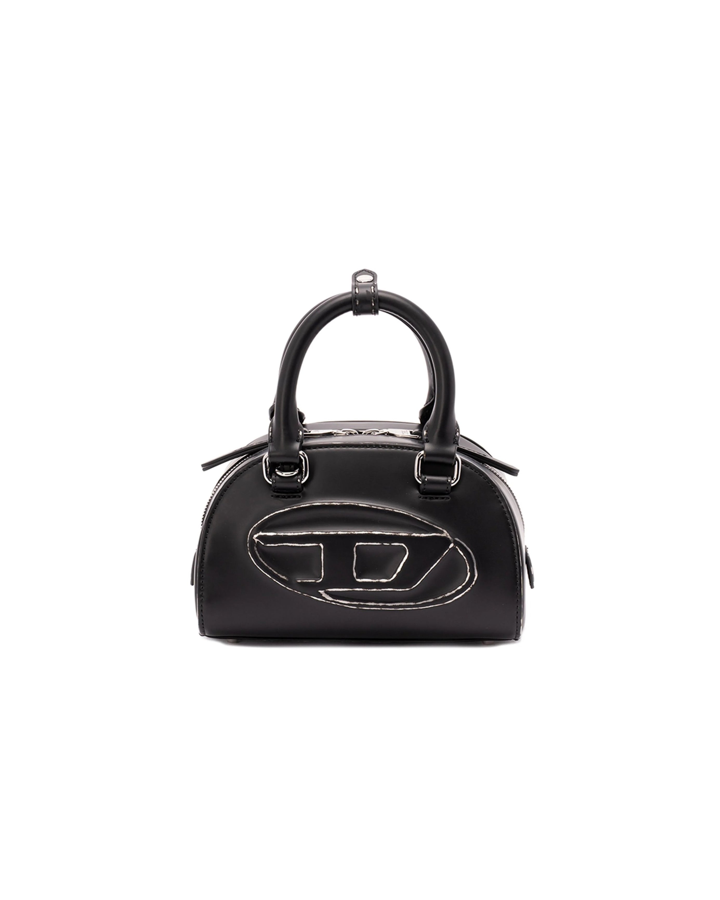 Black handbag with a logo on a white background