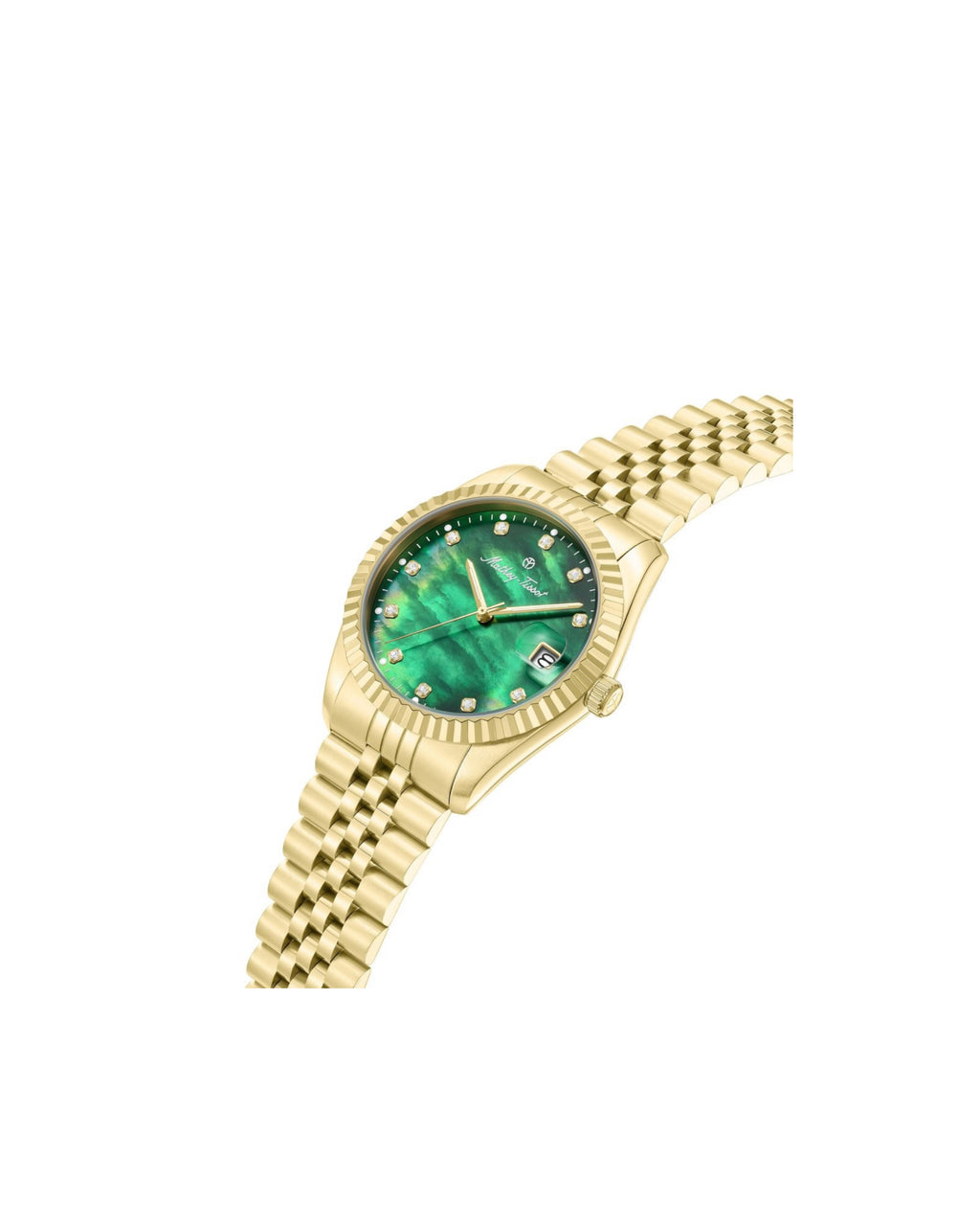 A gold-tone wristwatch with a green mother-of-pearl dial and a matching green and gold link bracelet, shown on a plain white background.