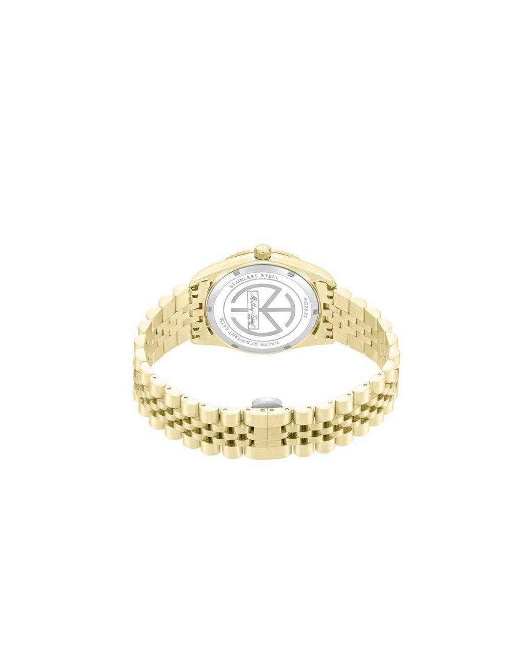 A gold-tone metal link watch band with a round silver-toned dial showing the Calvin Klein logo, photographed from the back against a plain white background.