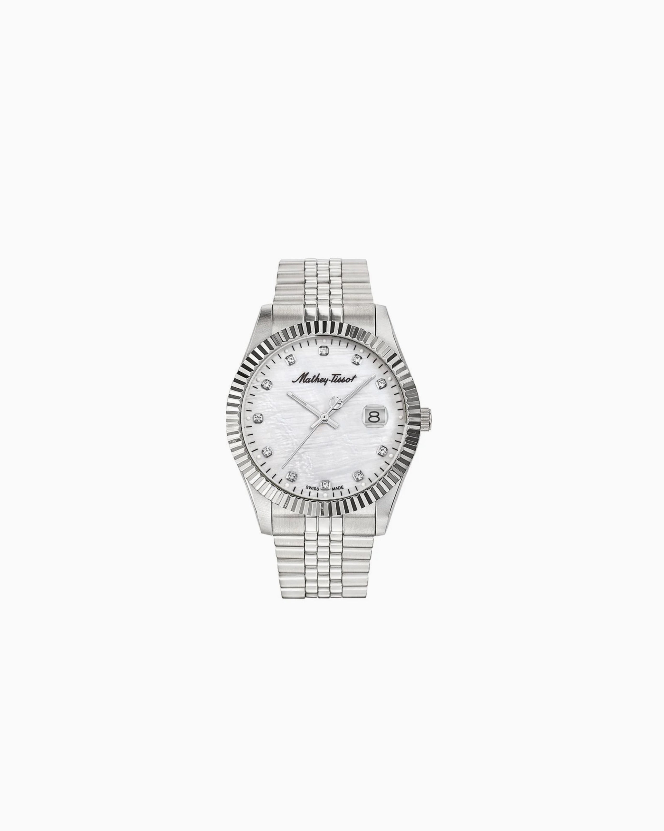 pearl dial mathey tissot watch in stainless steel with silver tone fininsh