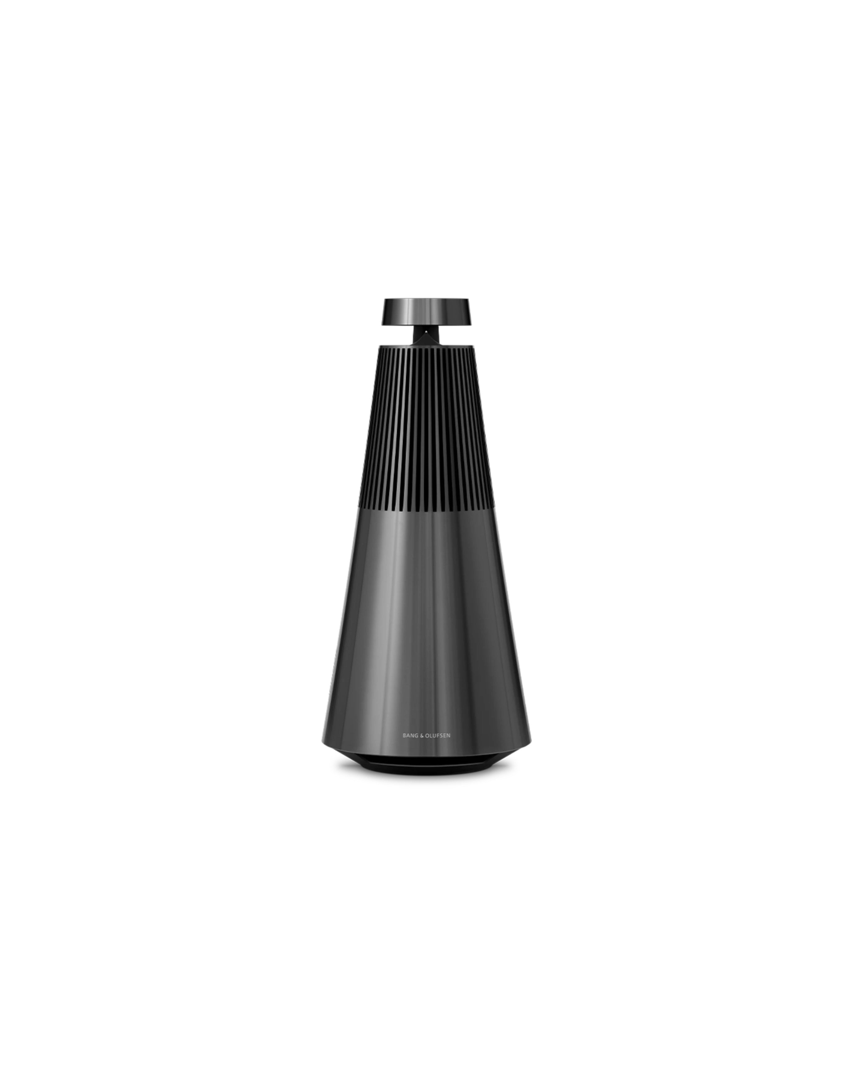 Black cylindrical speaker on a white background