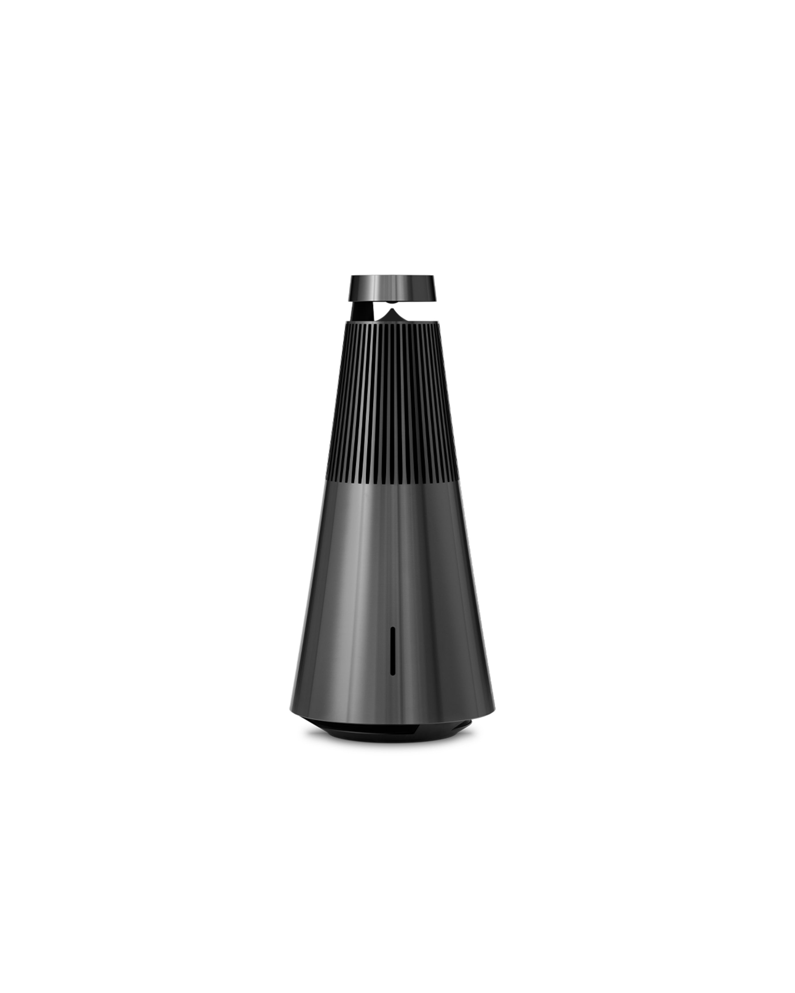Black cylindrical speaker on a white background
