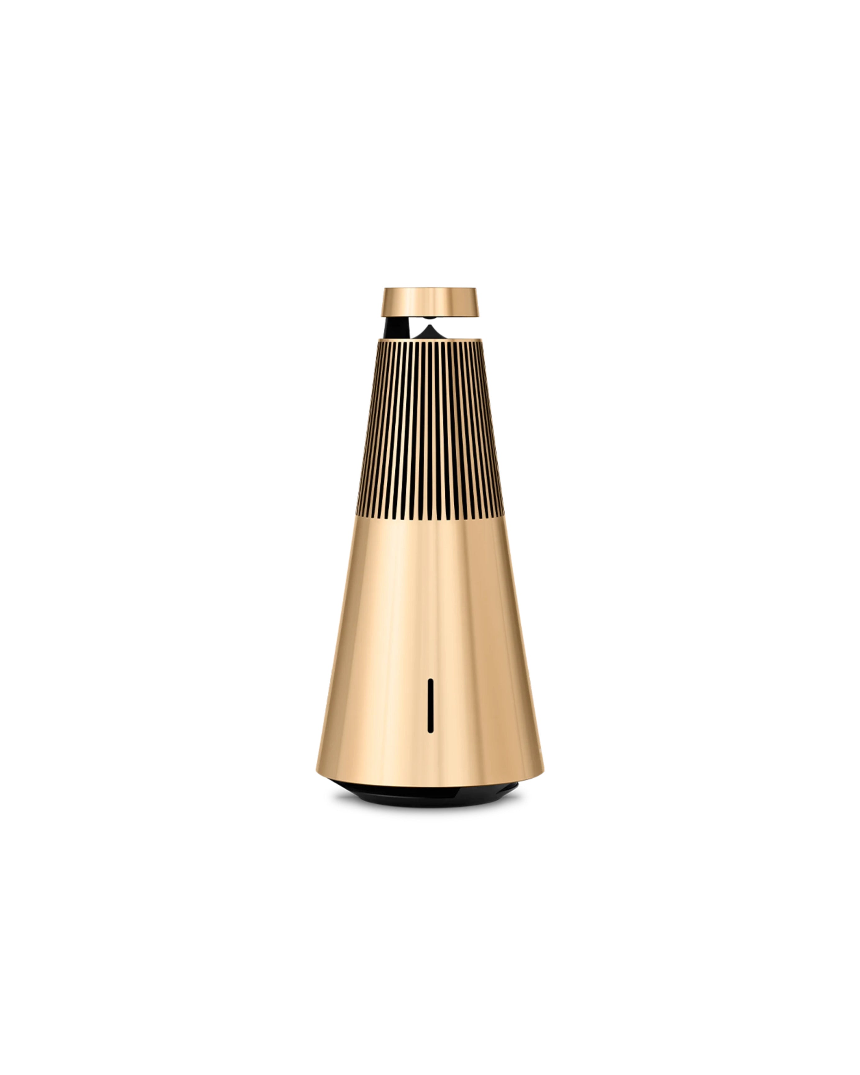 Gold and black cylindrical speaker on a white background