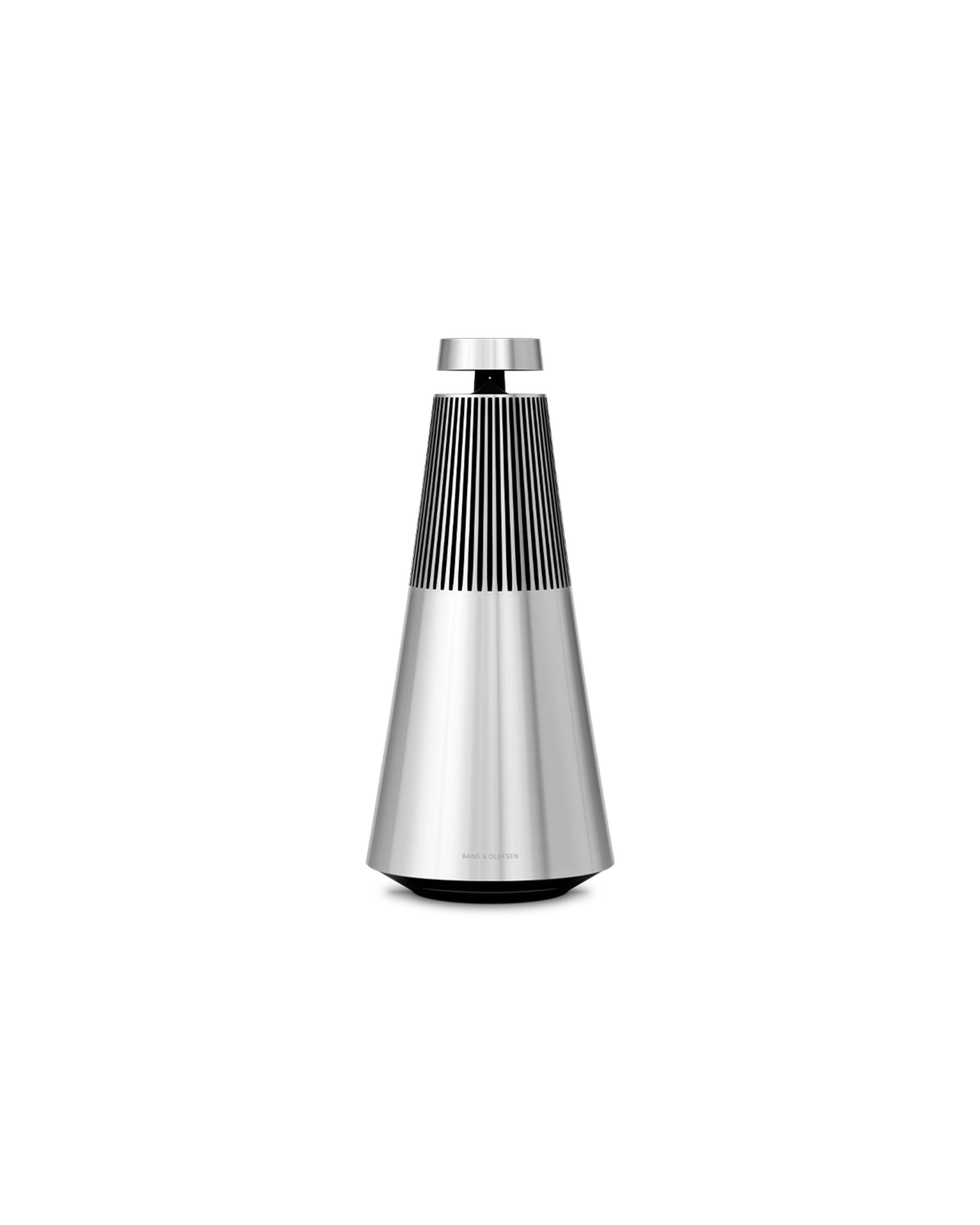 Silver and black cylindrical speaker on a white background
