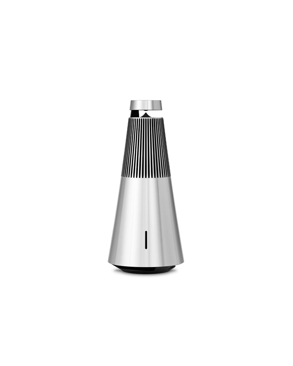 Silver cylindrical speaker on a white background