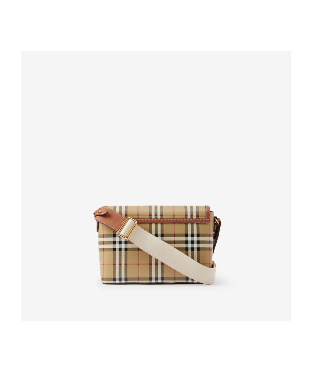 Plaid patterned handbag with a beige strap on a white background