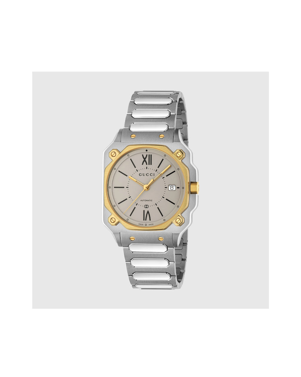 Gucci watch with silver and gold band on a white background