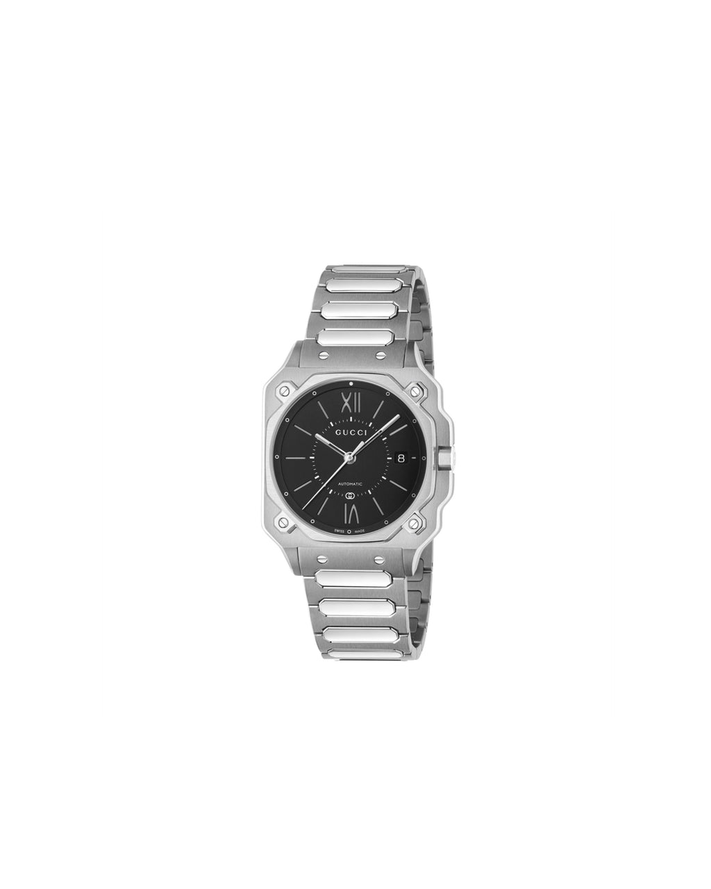 Silver Gucci watch with black face on a white background