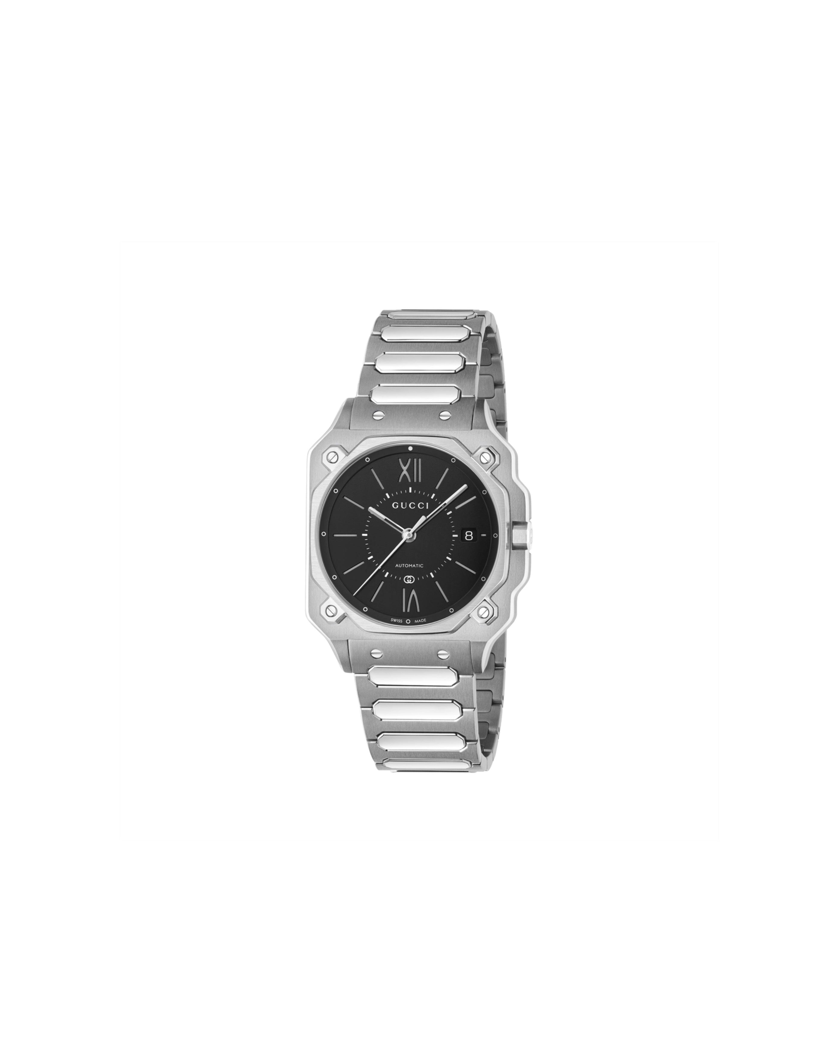 Silver Gucci watch with black face on a white background