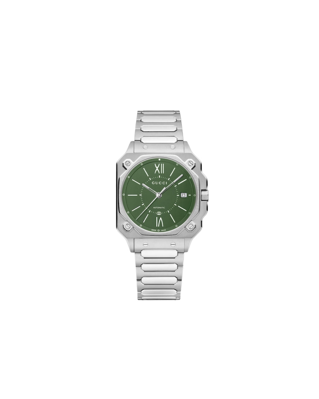 Silver watch with a green dial on a white background