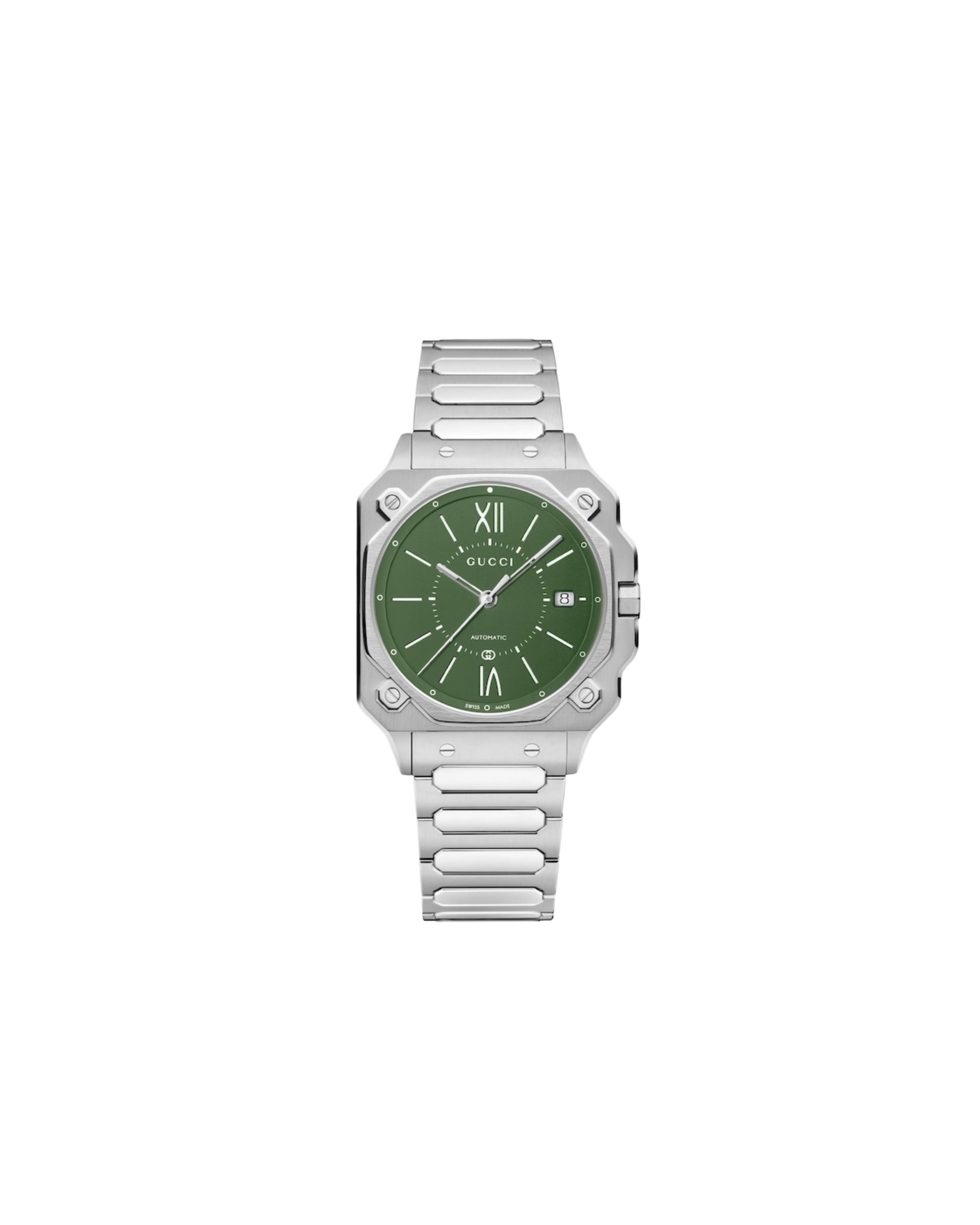 Silver watch with a green dial on a white background