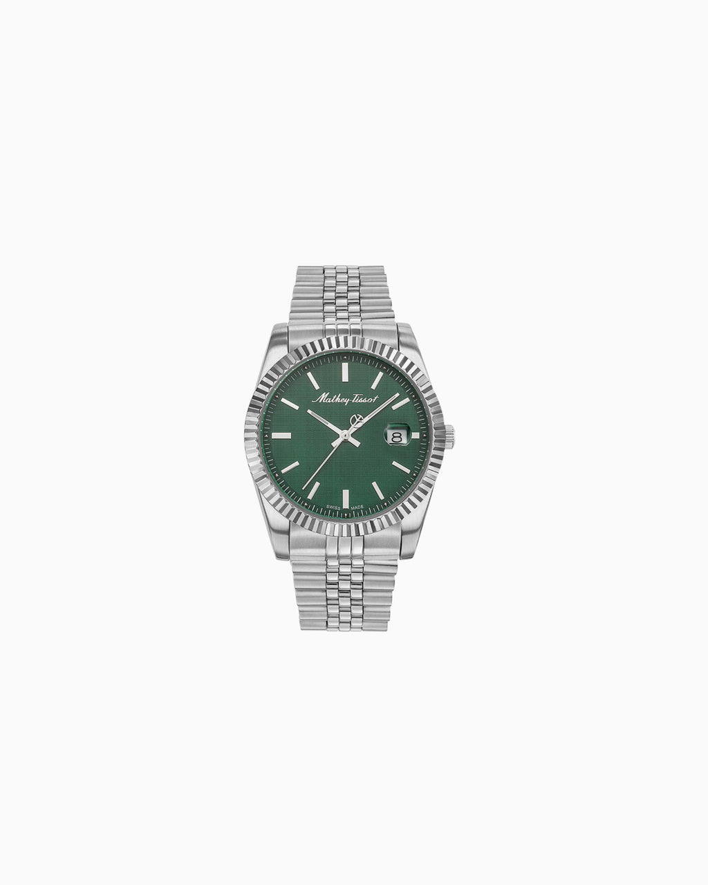 Watch with green face and silver metal band on white background