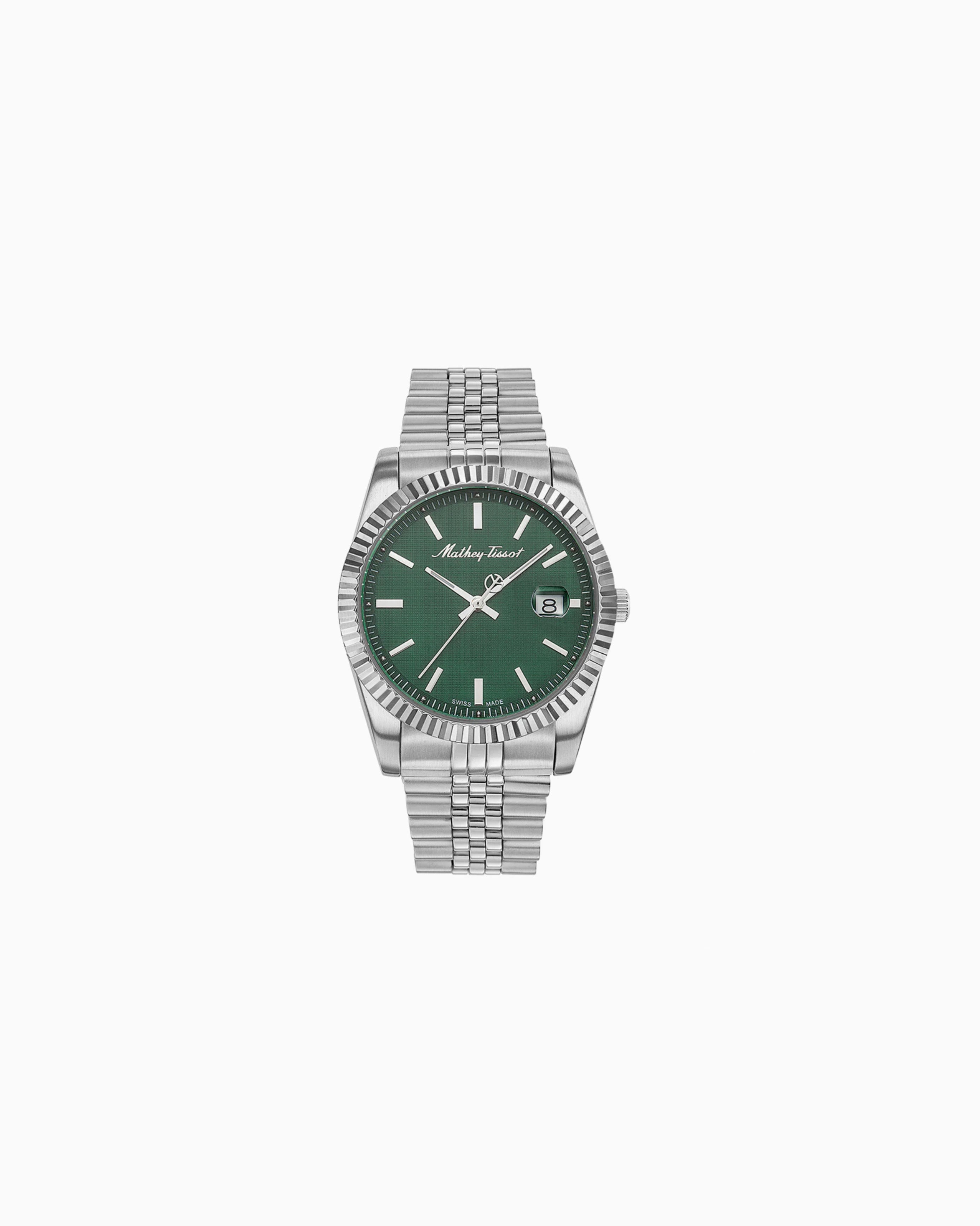 Watch with green face and silver metal band on white background